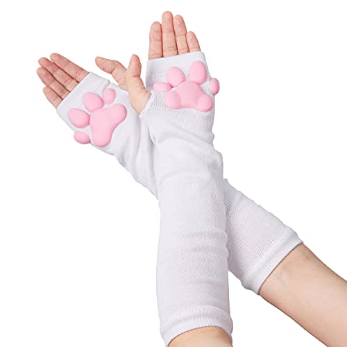 SIROLISA 3D-Silikon-Katzenpfoten-Fäustlinge, weiße Handschuhe, süße Katzenpfoten, Zehen, Bohnen, Socken, hohe Strümpfe für Frauen, Mädchen, Halloween, Weihnachten, Cosplay von SIROLISA