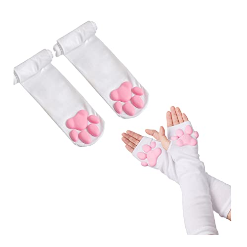 SIROLISA 3D-Silikon-Fäustlinge mit Ohren und Schwanz – niedliche Katzenpfoten, Bohnen, Socken-Set für Frauen und Mädchen, Halloween, Weihnachten, Cosplay, Weißes Set, Einheitsgröße von SIROLISA