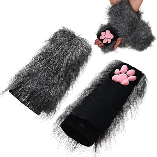 SIROLISA Furry Cat Paw Mittens Gloves for Women Soft 3D Toes Beans Fingerless Cat Claw Paws Pad Sleeve von SIROLISA