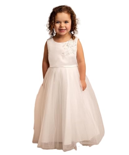 Elfenbeinfarbenes Satin- und Tüllkleid mit Pailletten für Mädchen – Hochzeits- und Kommunionskleid, Alter 10-11 Jahre von SIRRI
