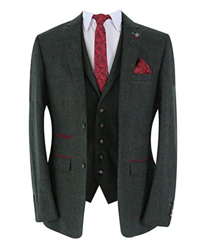 Festliche Business Anzug für Herren aus Tweed mit Karomuster 3-Teiliges Set in Dunkelgrün, Größe Brust 56R - Taille 40R von SIRRI