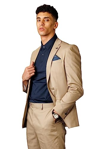 Festliche Herren Anzug für Sommer und Frühling aus Baumwolle Slim Fit 2-Teiliges Set in Beige, Brust 50R - Taille 34R von SIRRI