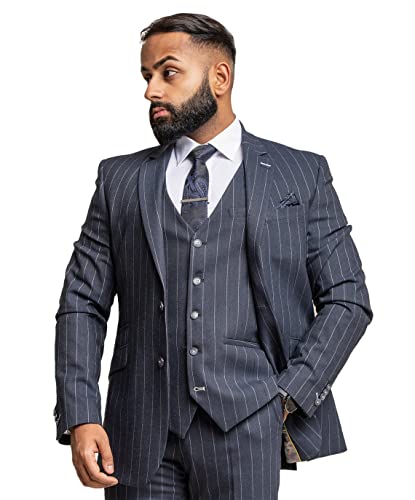 Festliche Herren Business Slim Fit Anzug mit Nadelstreifenmuster 3-Teiliges Set in Marineblau, Brust 56R - Taille 40R von SIRRI