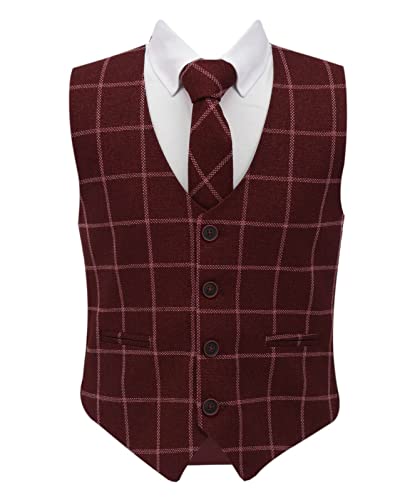 Festliches Jungen Tweed Einreihige Casual Weste Slim Fit aus Baumwolle 3-Teiliges Set in Burgund, Alter 14 Jahre von SIRRI