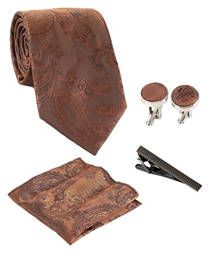 Herren Tonal Paisley Krawatte und Manschettenknöpfe 4-Teiliges Set in Braun von SIRRI