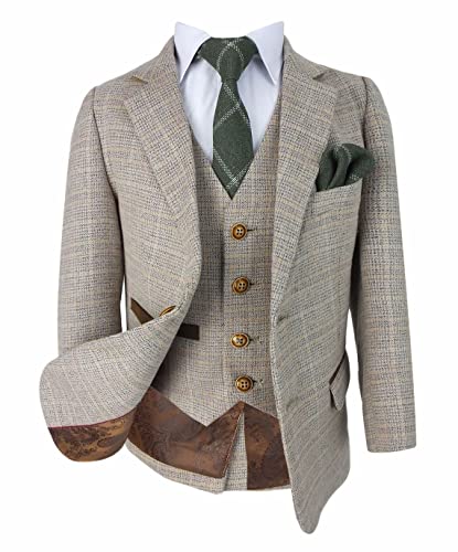 SIRRI 608, Tailored Fit Karierter Tweed-Retro-Anzug für Jungen, beige-braunes Set, 3-teilig, Alter 14 Jahre von SIRRI