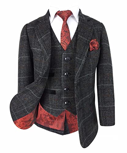 SIRRI 609, Tailored Fit Karierter Tweed-Retro-Anzug für Jungen, Dunkelgraues Set, 3-teilig, Alter 14 Jahre von SIRRI