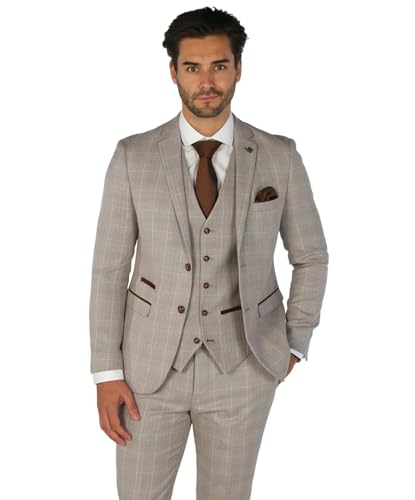 SIRRI Eleganter dreiteiliger beigefarbener Anzug mit Karomuster für Herren – Perfekt für Hochzeiten und formelle Anlässe Brust 58R-Taille 42R von SIRRI