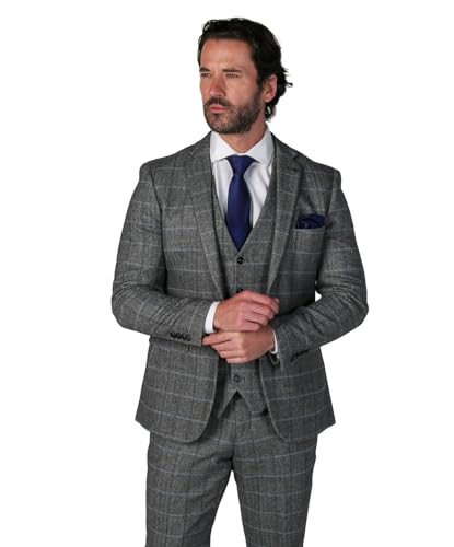 SIRRI Herren-Tweed-Retro-Anzug aus 3-teiligem Windowpane-Grau für Hochzeiten und besondere Anlässe Brust 52R-Taille 36R von SIRRI