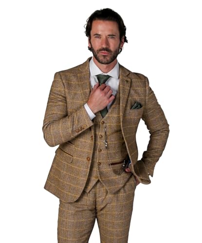 SIRRI Herren-Tweed-Retro-Anzug aus 3-teiligem Windowpane-braun für Hochzeiten und besondere Anlässe Brust 44R-Taille 28R von SIRRI