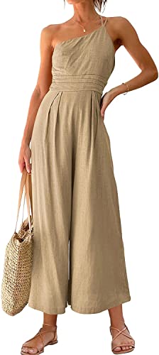 Damen Sommer Elegant Jumpsuit Ärmellos Overall mit Einer Schulter Hohe Taille Einfarbig Romper Sommer Lose Weitem Bein Hose von SISAY