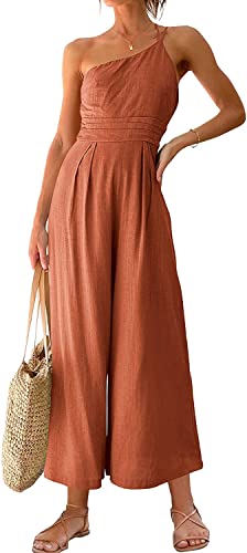 Damen Sommer Elegant Jumpsuit Ärmellos Overall mit Einer Schulter Hohe Taille Einfarbig Romper Sommer Lose Weitem Bein Hose von SISAY