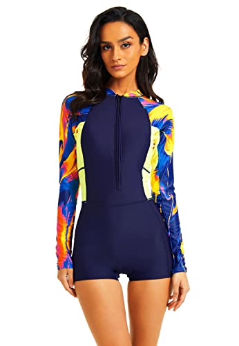 SISAY Damen Badeanzug mit Langen Ärmeln Reißverschluss Einteilig Bademode Surfanzug Rashguard Blumenmuster UV-Schutz Strandmode Schwimmanzug von SISAY