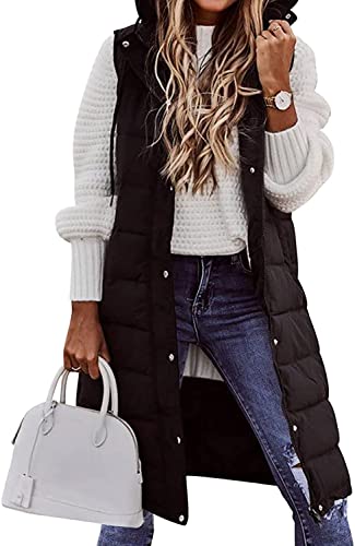 SISAY Weste Damen Lang Ärmellos Mantel Jacke Weste mit Kapuze Daunenweste Lang Steppweste Wintermantel Slim Fit Outdoor Pufferweste Oberbekleidung Casual Winterjacke Übergangsjacke Bodywarmer von SISAY