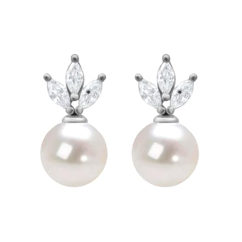 SISGEM Damen Ohrringe Sterling Silber Runde weiße Süßwasser Perlen und Moissanite Ohrstecker Perlen Schmuck Versprechen Elegant Valentinstag Geschenke für Damen von SISGEM