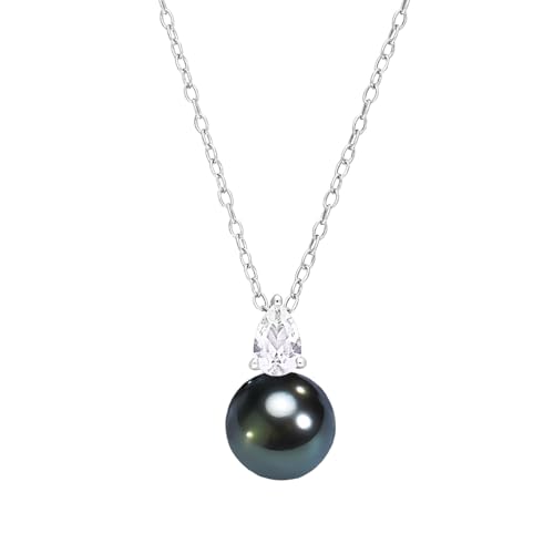 SISGEM Damen Perle kette Runde Schwarze Süßwasser Perle mit Moissanit Sterling Silber kette Damen A+ Perlen Schmuck Abendparty Elegantes Versprechen Mädchen Geschenk für Frau von SISGEM