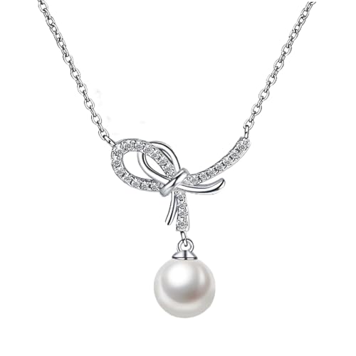 SISGEM Damen kette Perlen Knoten Sterling Silber Haslkette Weiße Runde Perle kette Moissanit Damen Verschönerung Mädchen Valentinstag Schmuck Geschenk Frau von SISGEM