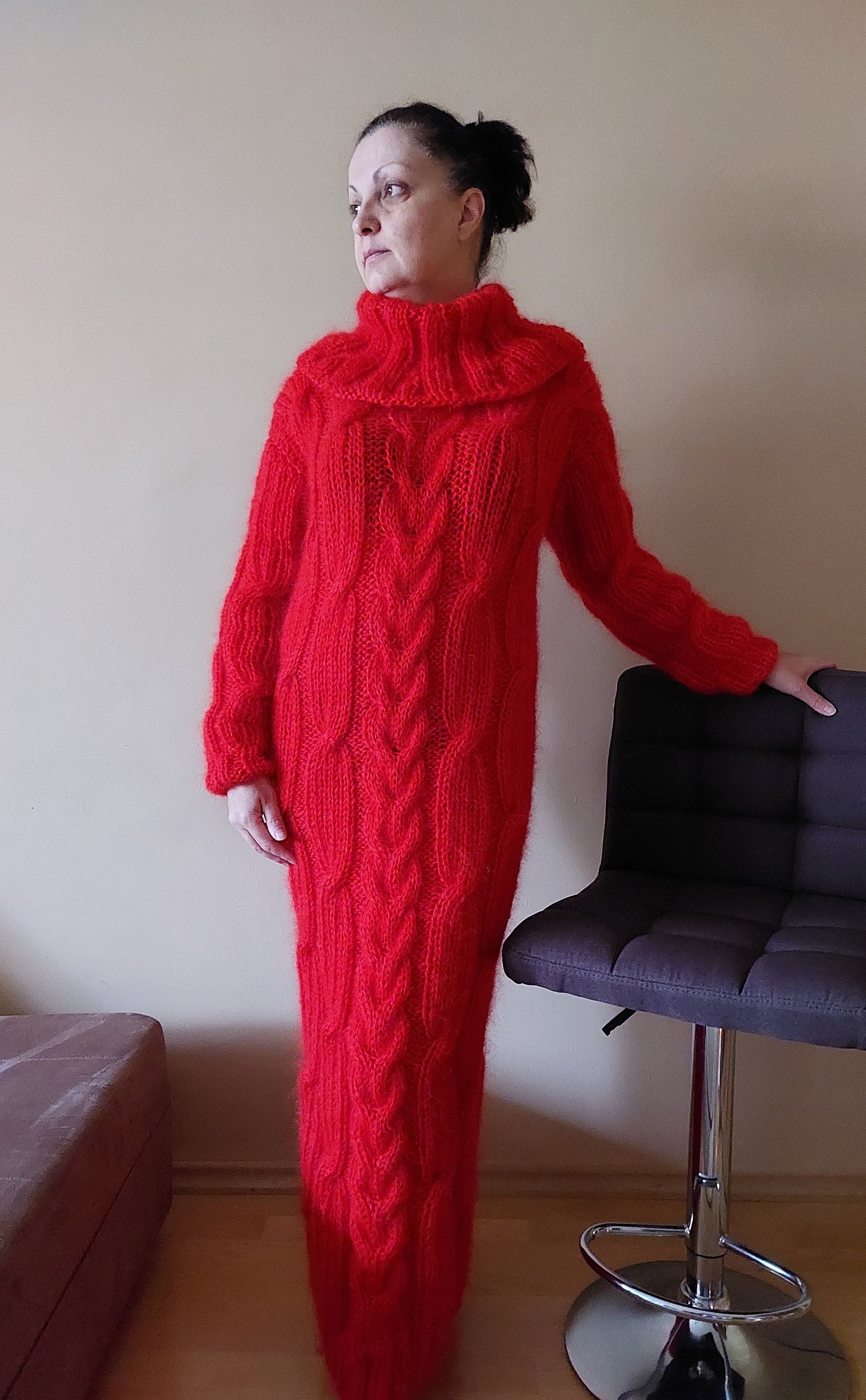 Mohair Kleid Zopfmuster Lange Rollkragen, Handgefertigte Chunky Pullover von SISKAhandknit7