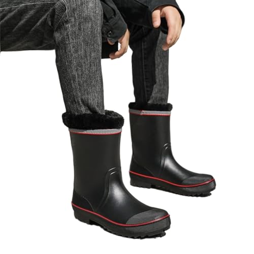 Mittelhohe Regenstiefel for Herren, dicke Sohlen, Arbeits-/Wasserschuhe, wasserdicht, lässige Gummistiefel Herren(Black Red warm,40) von SITBXO