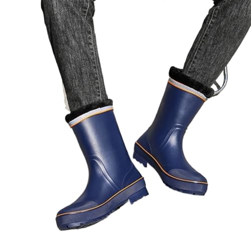 Mittelhohe Regenstiefel for Herren, dicke Sohlen, Arbeits-/Wasserschuhe, wasserdicht, lässige Gummistiefel Herren(Blue Yellow warm,43) von SITBXO