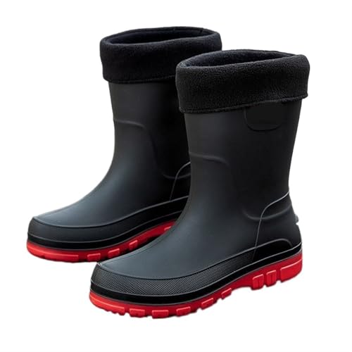 Warme Biker-Motorrad-Regenstiefel for Herren, Silikon, Winterschuhe for Gummistiefel Herren(Black Red (Plush),41) von SITBXO