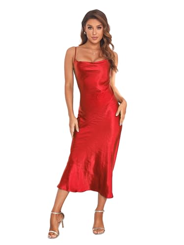 Damen Spaghettiträger Midi Satin Seide Kleider Slip Wasserfallkragen Party Cocktail Abend Sexy Kleid, Rot/Ausflug, einfarbig (Getaway Solids), Mittel von SITELUOYG