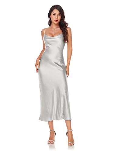 Damen Spaghettiträger Midi Satin Seide Kleider Slip Wasserfallkragen Party Cocktail Abendkleid, GRAU, Klein von SITELUOYG