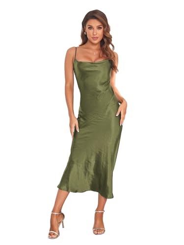 Damen Spaghettiträger Midi Satin Seide Kleider Slip Wasserfallkragen Party Cocktail Abendkleid, Grün (Army Green), Mittel von SITELUOYG