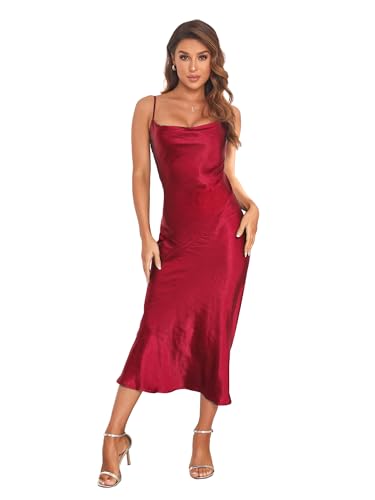 Damen Spaghettiträger Midi Satin Seide Kleider Slip Wasserfallkragen Party Cocktail Abendkleid, Weinrot, X-Klein von SITELUOYG