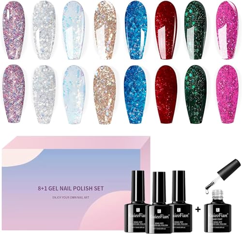 8PCS Gel Nagellack Set Glitzer 8 Farben + 1 Base Coat UV Shellac Schellack Gellack Lack Nail Polish Lacke Nägel Gold Lakiery Hybrydowe do Paznokci Silber Farbgele Schnelltrocknend Flash On Gelfarben von SIUHEN