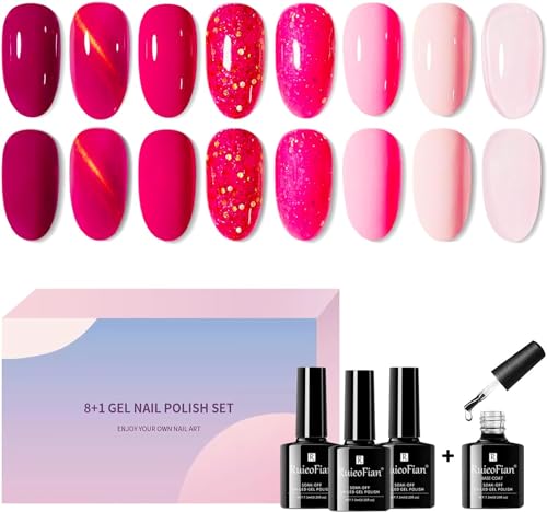 8PCS Shellac Nagellack Rosa 8 Farben + 1 Base Coat UV Gel Set Schellack Gellack Lack Nail Polish Lacke für Nägel Glitzer Gelnägel Cat Rye Pink Rosa French Nails Jelly Nagelgel Rose LED Valentin Sehr von SIUHEN