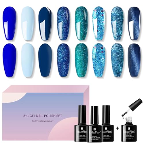 8PCS UV Gel Nagellack Blau 8 Farben + 1 Base Coat Shellac Set Schellack Gellack Lack Nail Polish Lacke für Nägel Glitzer Cat Eye Nails Dunkelblau Licht Schnelltrocknender Nagelgel Hellblau LED Licht von SIUHEN
