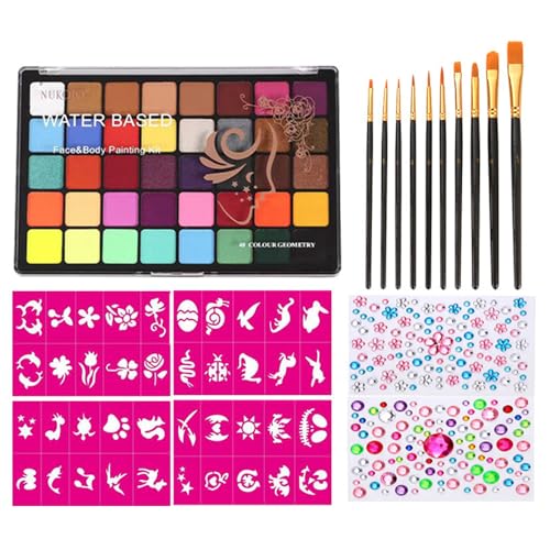 SIUKE Schminkset für Kinder Aquarell-Schminkpaletten-Set, professionelles Set mit mehreren Farben für die Körperbemalung, mit 10 Pinseln, 4 Schablonenaufklebern und 2 Edelsteinaufklebern, sicher und u von SIUKE