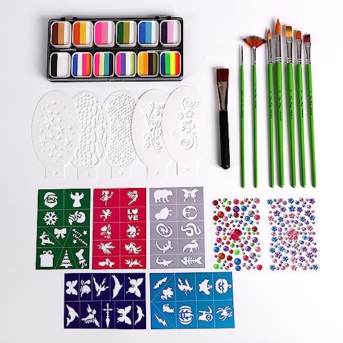 SIUKE Schminkset für Kinder Aquarellfarben-Paletten-Set, Malfarben-Set, professionelle Gesichts-Split-Kuchen mit 8 Pinseln + 10 Schablonen + 2 Aufklebern, wasseraktiviertes Gesich von SIUKE