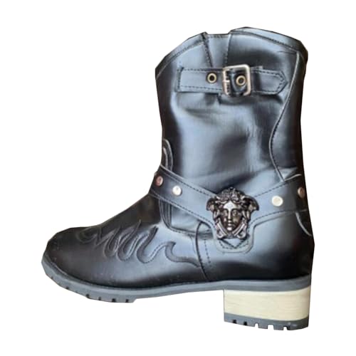 SIULAS Herren Kurze Reitstiefel Mittelalter PU Leder Steampunk Stiefel mit Totenkopf Dekoration Vintage Stickerei Western Cowboystiefel Schuhe für Cosplay, 48, Women: 42-44 von SIULAS