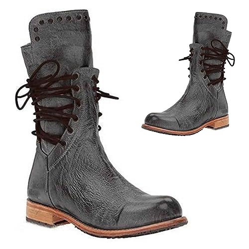 Mittelalter Cosplay Stiefel Damen PU Leder Stiefel Halbhohe Stiefel Retro Punk Schnürung Low Heels Herbst Winter Motorradstiefel Festival LARP Schuhe Vintage Cowboy Westernstiefel für Cosplay,Grau,40 von SIULAS