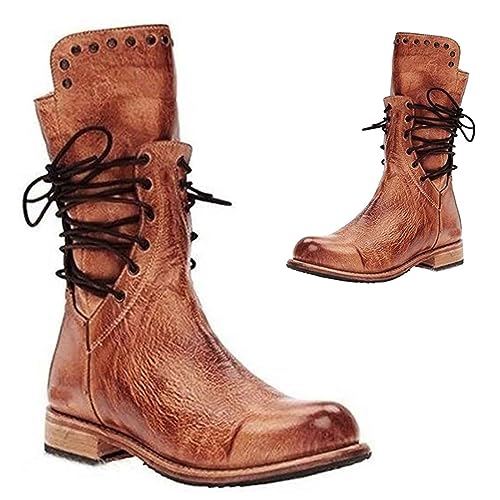 Mittelalter Cosplay Stiefel Damen PU Leder Stiefel Halbhohe Stiefel Retro Punk Schnürung Low Heels Herbst Winter Motorradstiefel Festival LARP Schuhe Vintage Cowboy Westernstiefel für Cosplay,Braun,47 von SIULAS