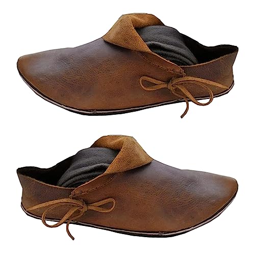 Mittelalter PU Leder Flache Unterseite Schuhe Steampunk Retro Casual Leder Stiefeletten Festival LARP Schuhe Cosplay für Männer Frauen (44) von SIULAS