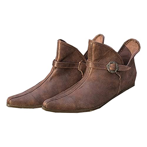 Mittelalter Stiefel Herren Damen Kurze Stiefel - PU Leder Flache Einzelschuhe mit Verstellbarer Gürtelschnalle - Renaissance Larp Stiefel Schuhe Retro Leder Stiefeletten für Männer Frauen (44) von SIULAS