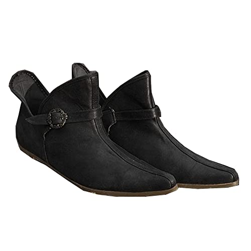 Mittelalter Stiefel Herren Damen Kurze Stiefel - PU Leder Flache Einzelschuhe mit Verstellbarer Gürtelschnalle - Renaissance Larp Stiefel Schuhe Retro Leder Stiefeletten für Männer Frauen (44) von SIULAS