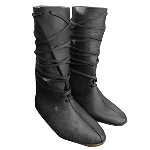 Mittelalter Stiefel - PU Leder Schnürstiefel Renaissance Mittelalter Cosplay Stiefel - Renaissance Ritter Stiefel Flache Herren Stiefel - Retro Festival LARP Schuhe Cosplay, Black36 von SIULAS