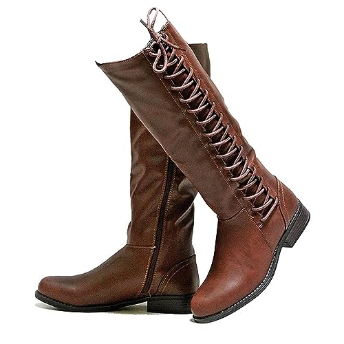 Mittelalter Stiefel PU Leder Stiefel - Renaissance Stiefel für Herren Damen - Leder Reitstiefel Verstellbar mit Seite - Flache Stiefel Schuhe für Cosplay,Braun,41 von SIULAS