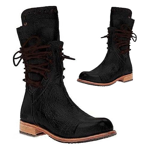 Mittelalterliche Cosplay Stiefel Frauen PU Leder Stiefel Mid-Calf Stiefel Retro Punk Lace-Up Low Heels Herbst Winter Motorrad Stiefel Festival LARP Schuhe,Schwarz,39 von SIULAS