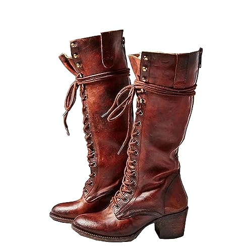 Mittelalterliche Cosplay Stiefel - PU Leder High-Heeled Mid-Calf Knie Länge Schnürsenkel - Festival LARP für Cosplay, Rot, 40 von SIULAS