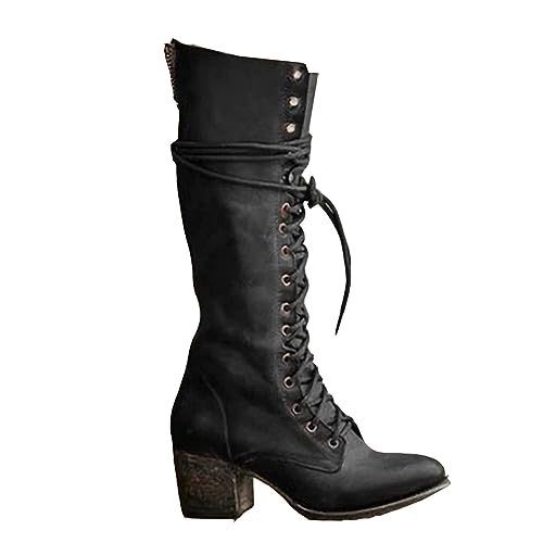 Mittelalterliche Cosplay Stiefel - PU Leder Stiefel High-Heeled Schuhe - Mittelalterliche Mid-Calf Stiefel Knie Länge Schnürsenkel Schuhe Festival LARP Schuhe für Cosplay,Schwarz,39 von SIULAS