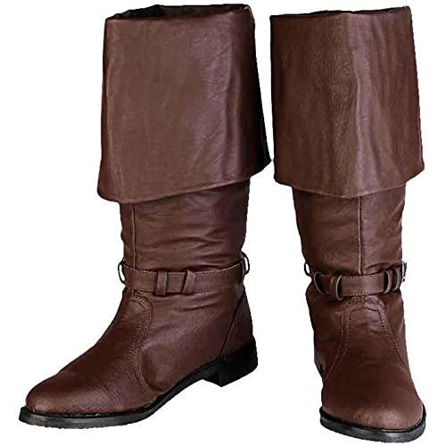 Mittelalterliche Lederstiefel - Renaissance Mittelalter Cosplay Halloween Stiefel - Damen Herren Halbschaft Stiefel - Lange Klassische Stiefel Flache Jazz Stiefel für Cosplay (braun43) von SIULAS