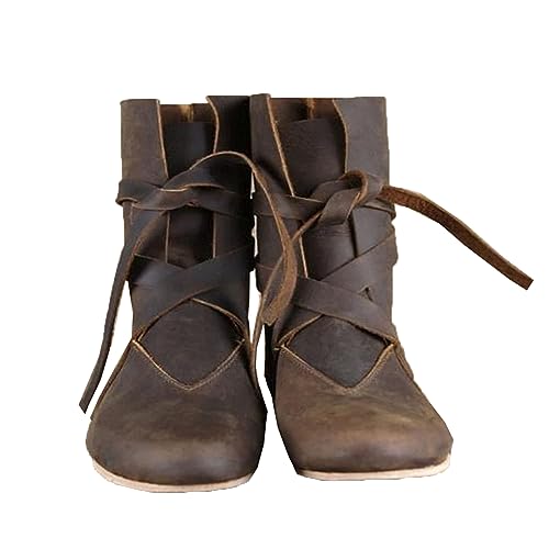 Mittelalterliche PU Leder Ritter Stiefel Renaissance Mittelalter Cosplay Stiefel Herren Frauen Vintage Stiefel Flat Bottom Schnürschuhe,Braun,42 von SIULAS