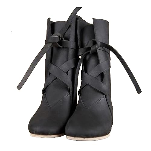 Mittelalterliche PU Leder Ritter Stiefel Renaissance Mittelalter Cosplay Stiefel Herren Frauen Vintage Stiefel Flat Bottom Schnürschuhe,Schwarz,36 von SIULAS