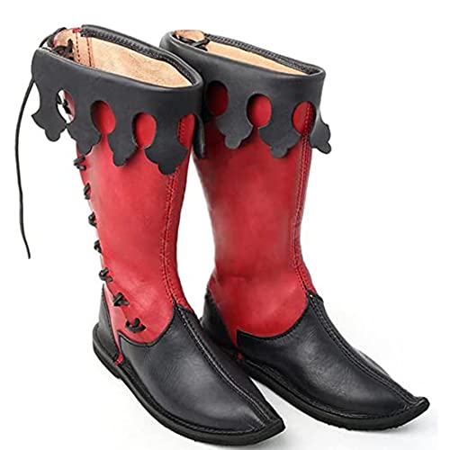 Mittelalterliche PU Leder Stiefel - Renaissance Mittelalter Cosplay Stiefel Schnürsenkel UP Schuhe Herren Mid-Calf Stiefel Festival LARP Schuhe Ritter Flache Stiefel für Männer und Frauen,Rot,42 von SIULAS