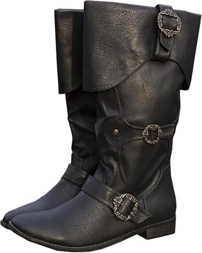 Mittelalterliche Ritterstiefel für Erwachsene Cosplay - Retro Langschaft Leder Manschettenschuhe - PU Leder Stiefel Renaissance Plus Size Stiefel Schuhe mit Gürtelschnalle,Schwarz,43 von Baitang